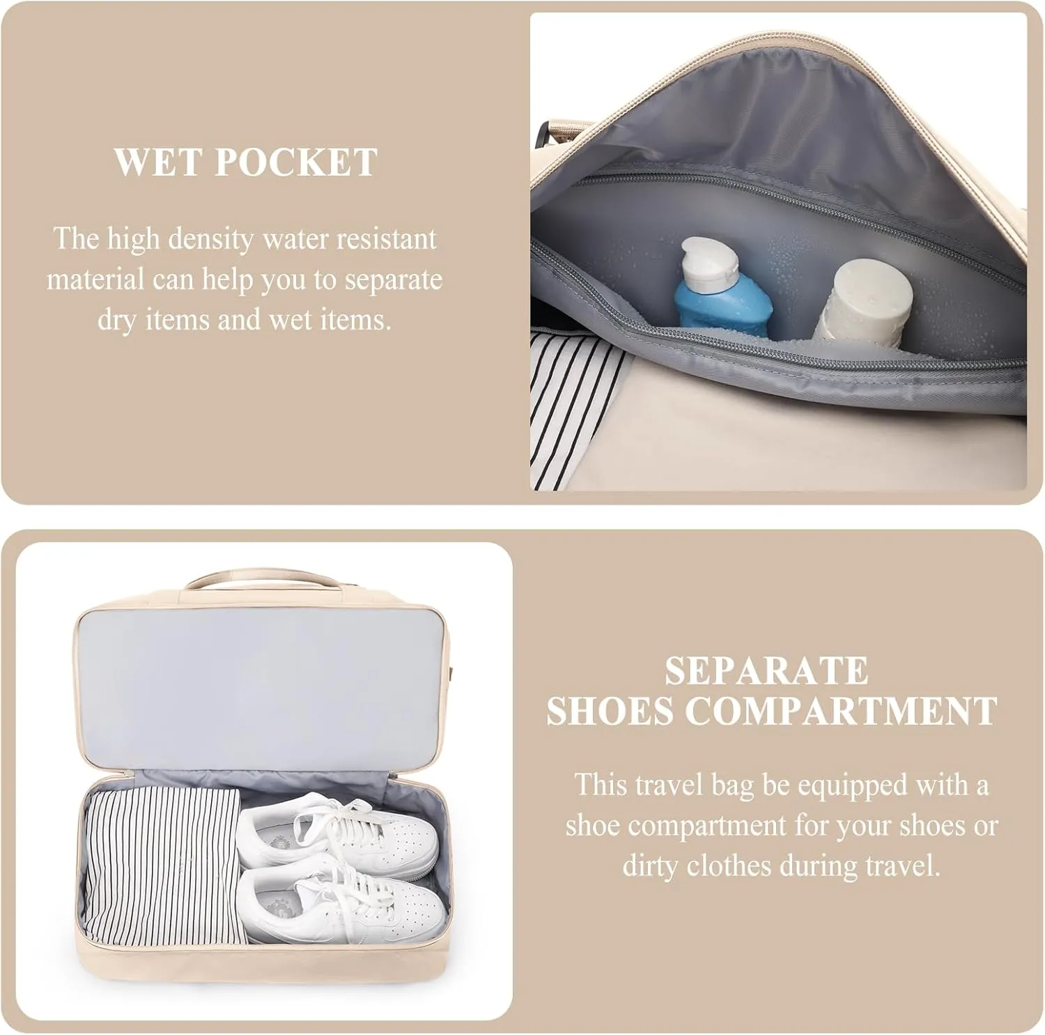 Weekender Bags for Women,Personal Item Travel Bag with Shoes Compartment,Overnight Travel Duffel Bag with Wet Pocket and Separate Toiletry Bag,Gym Bag, Beige, Travel Bag