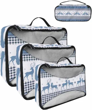 Winter Christmas Elk Animal Snowflake 4 Set Packing Cubes, Blue Line Buffalo Checked Packing Cubes for Carry on Suitcase Travel Essential Bag for Clothes Shoes Cosmetics Toiletry