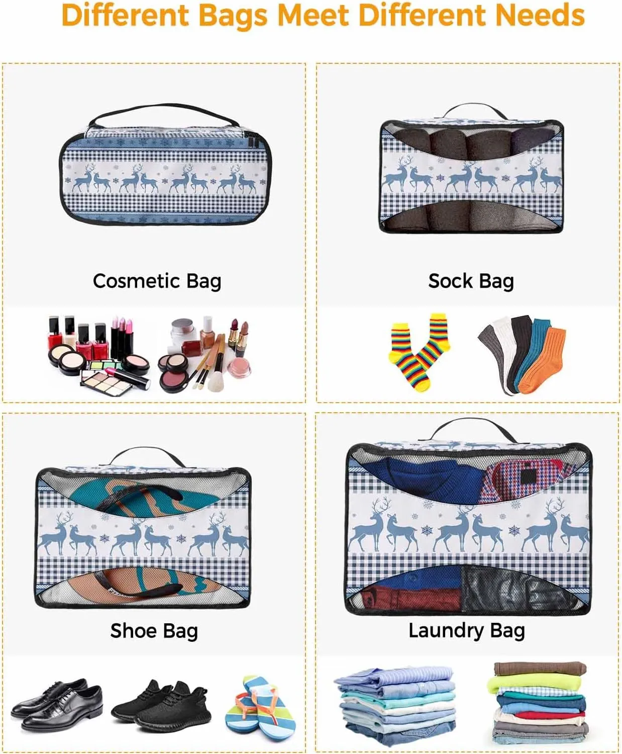 Winter Christmas Elk Animal Snowflake 4 Set Packing Cubes, Blue Line Buffalo Checked Packing Cubes for Carry on Suitcase Travel Essential Bag for Clothes Shoes Cosmetics Toiletry
