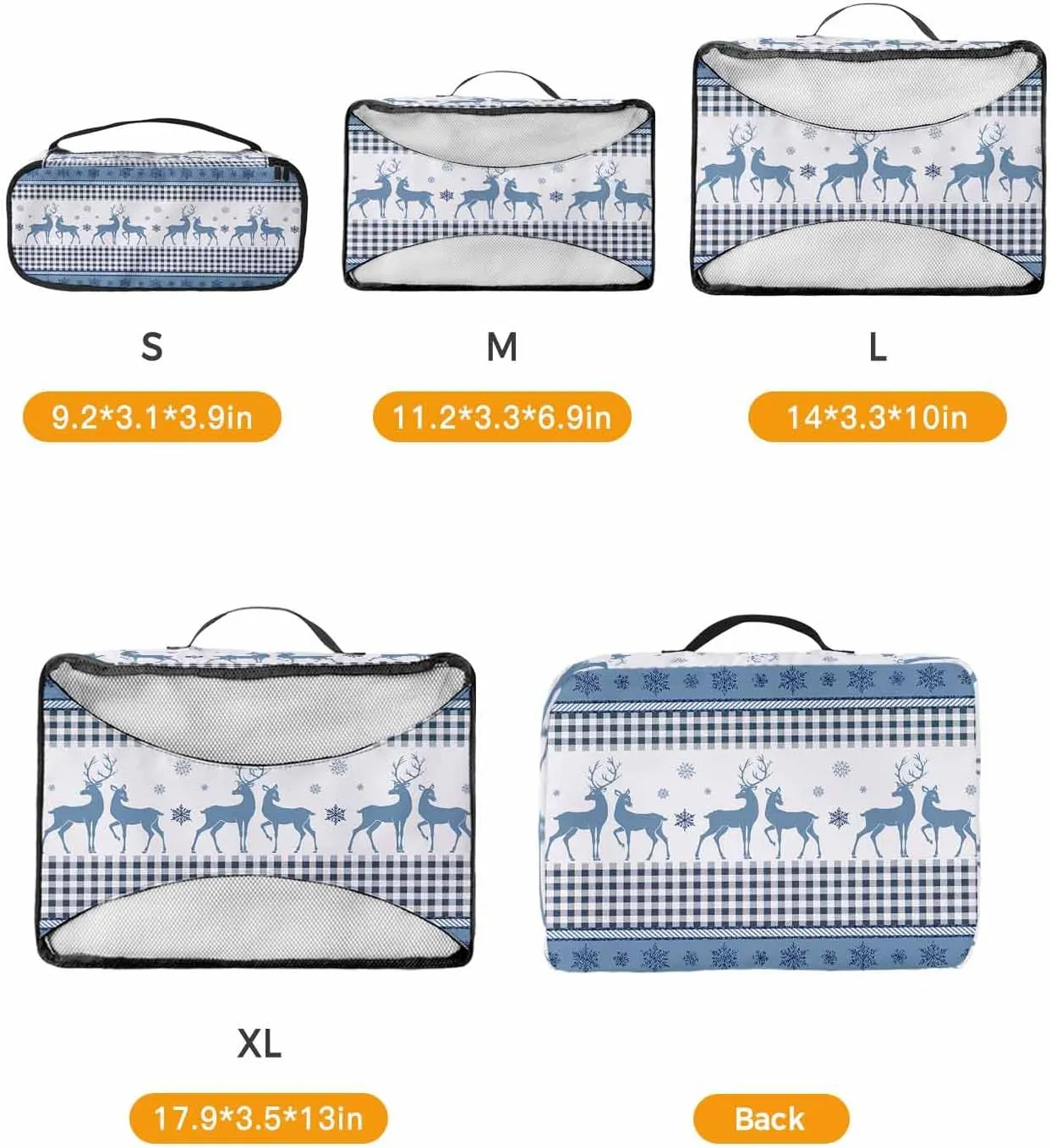Winter Christmas Elk Animal Snowflake 4 Set Packing Cubes, Blue Line Buffalo Checked Packing Cubes for Carry on Suitcase Travel Essential Bag for Clothes Shoes Cosmetics Toiletry