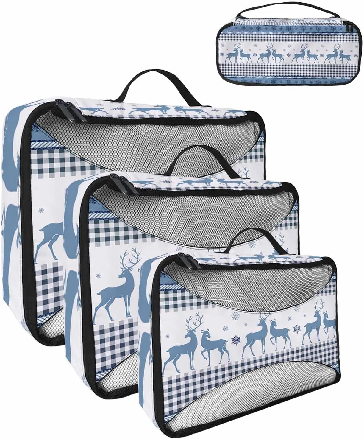 Winter Christmas Elk Animal Snowflake 4 Set Packing Cubes, Blue Line Buffalo Checked Packing Cubes for Carry on Suitcase Travel Essential Bag for Clothes Shoes Cosmetics Toiletry