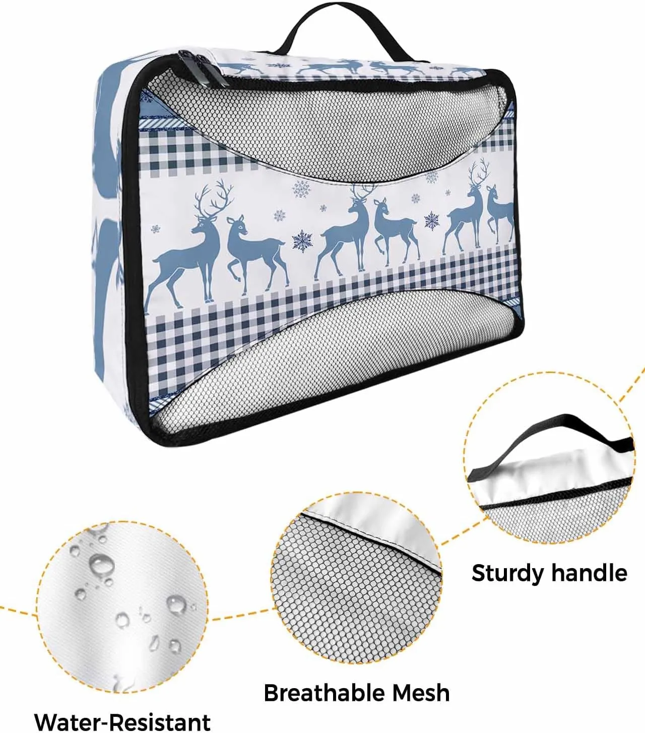 Winter Christmas Elk Animal Snowflake 4 Set Packing Cubes, Blue Line Buffalo Checked Packing Cubes for Carry on Suitcase Travel Essential Bag for Clothes Shoes Cosmetics Toiletry