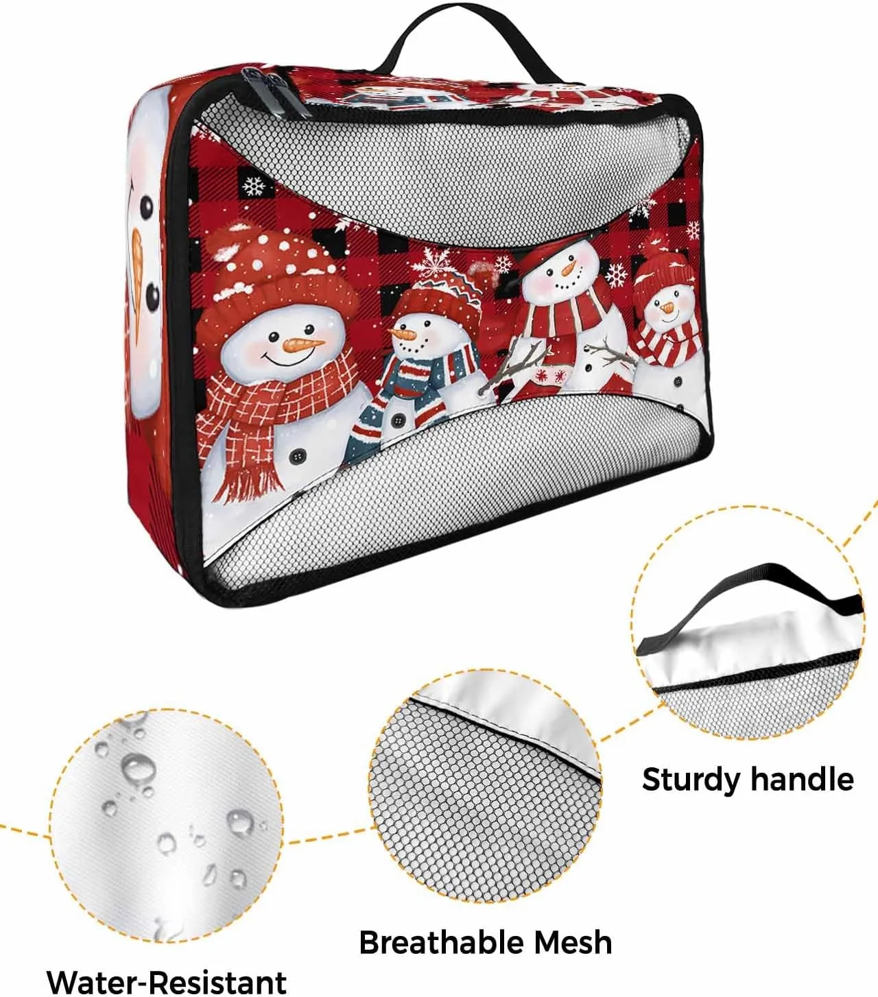 Winter Christmas Smile Snowman Snowflake 4 Set Packing Cubes, Red Black Buffalo Checked Packing Cubes for Carry on Suitcase Travel Essential Bag for Clothes Shoes Cosmetics Toiletry