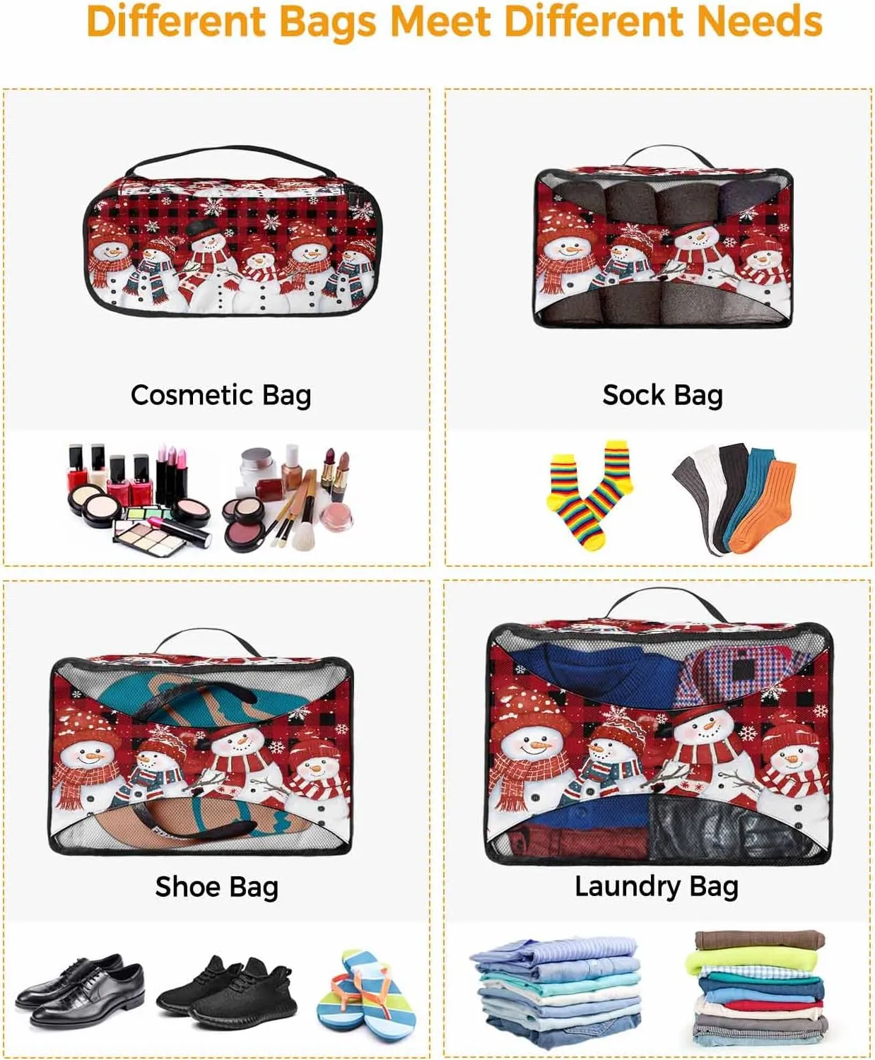 Winter Christmas Smile Snowman Snowflake 4 Set Packing Cubes, Red Black Buffalo Checked Packing Cubes for Carry on Suitcase Travel Essential Bag for Clothes Shoes Cosmetics Toiletry