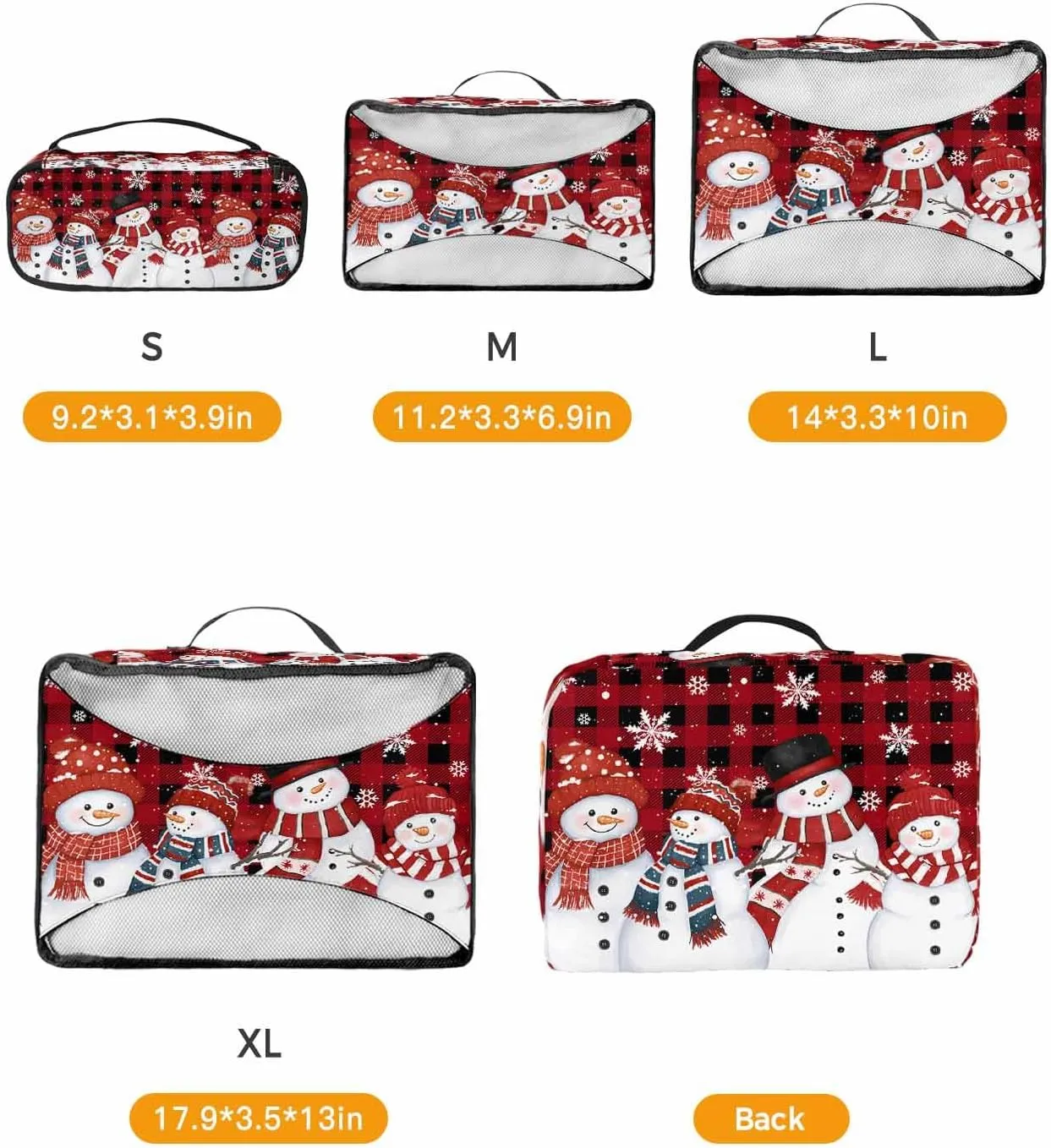 Winter Christmas Smile Snowman Snowflake 4 Set Packing Cubes, Red Black Buffalo Checked Packing Cubes for Carry on Suitcase Travel Essential Bag for Clothes Shoes Cosmetics Toiletry