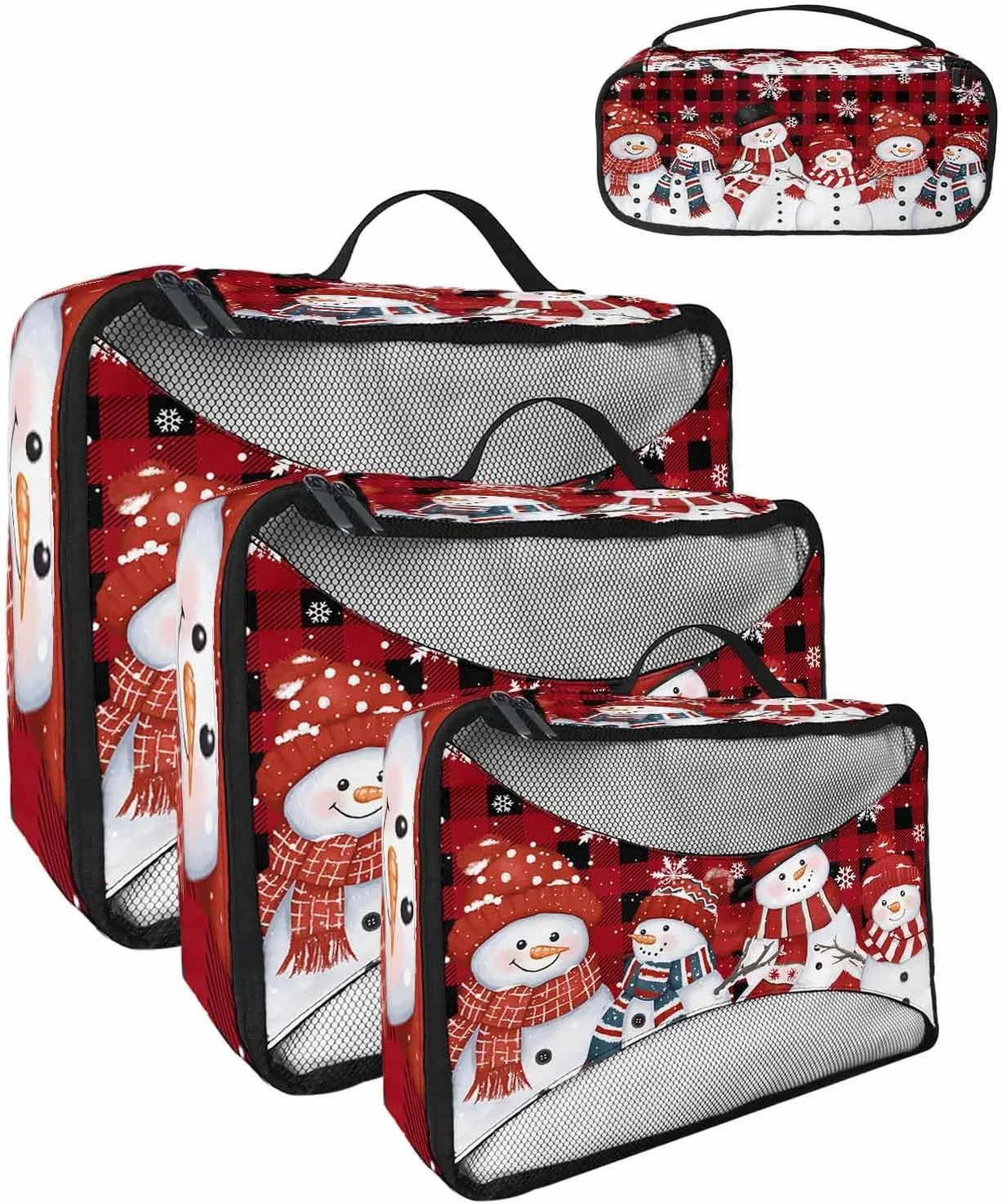 Winter Christmas Smile Snowman Snowflake 4 Set Packing Cubes, Red Black Buffalo Checked Packing Cubes for Carry on Suitcase Travel Essential Bag for Clothes Shoes Cosmetics Toiletry