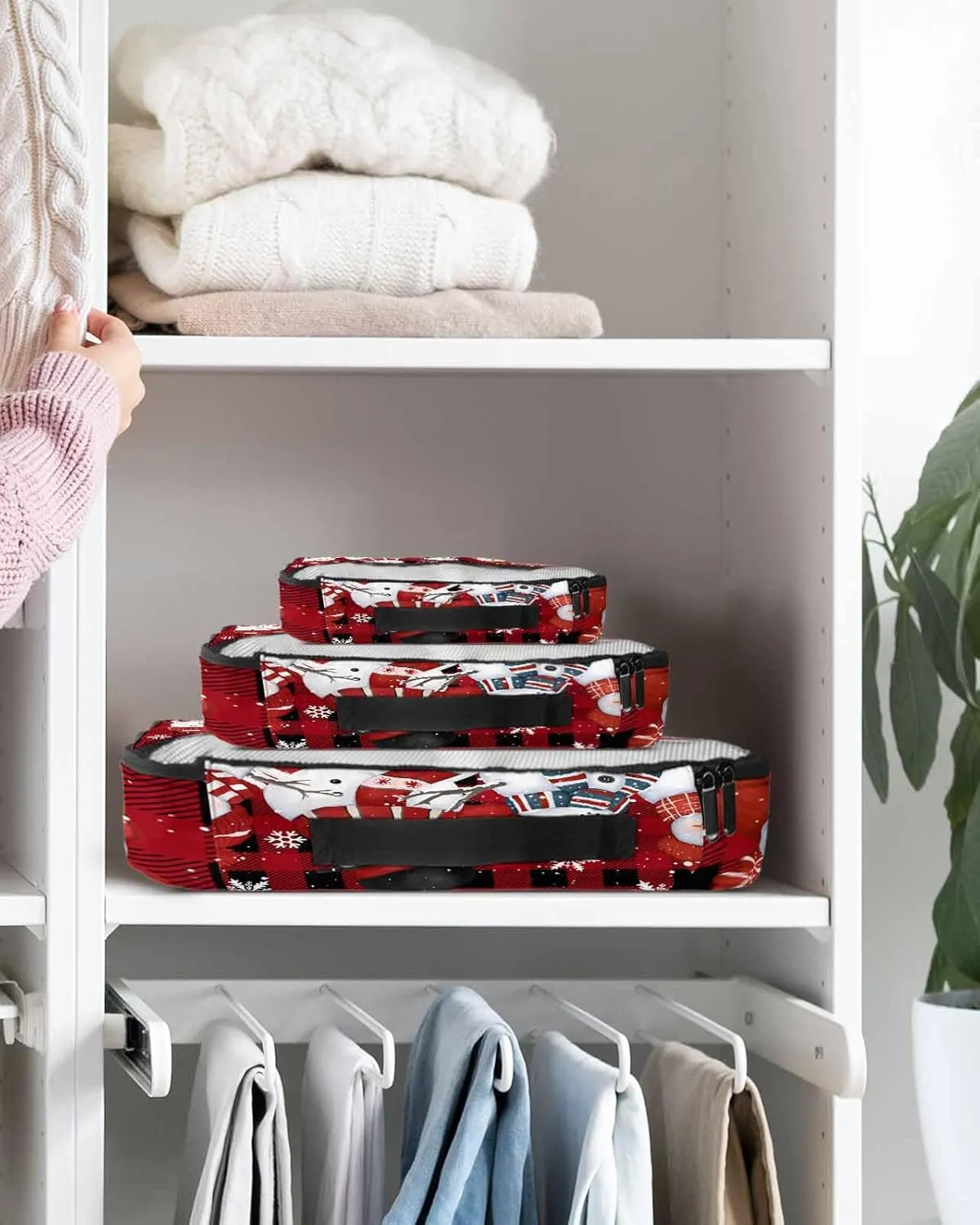 Winter Christmas Smile Snowman Snowflake 4 Set Packing Cubes, Red Black Buffalo Checked Packing Cubes for Carry on Suitcase Travel Essential Bag for Clothes Shoes Cosmetics Toiletry