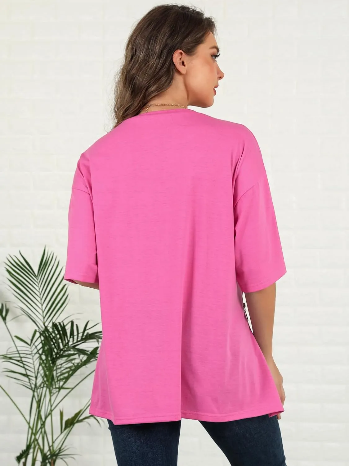 WLLW Women Oversized T Shirt Short Sleeve Crewneck Loose Tops Casual Basic Tee Tops Side Slit Zipper