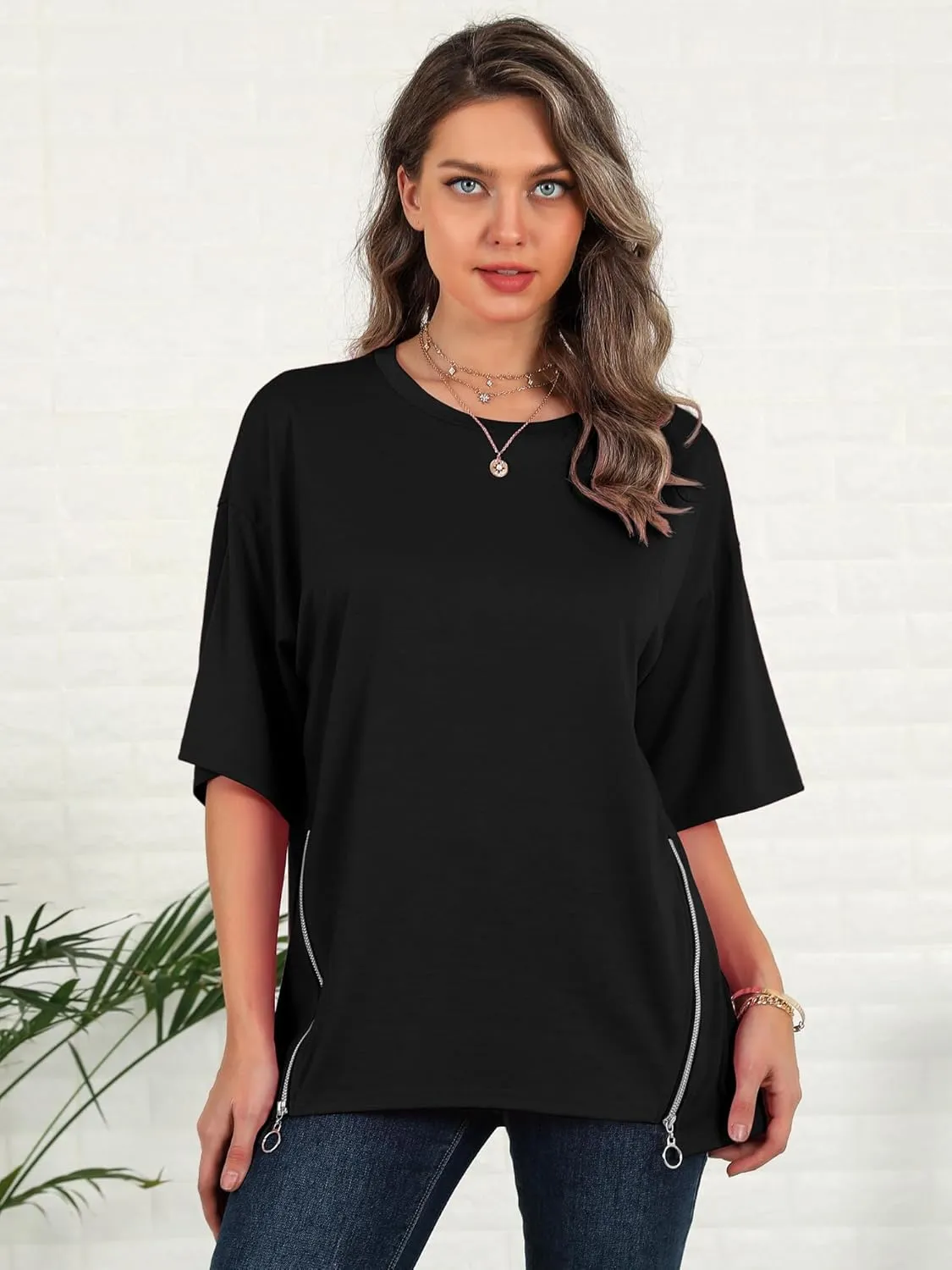 WLLW Women Oversized T Shirt Short Sleeve Crewneck Loose Tops Casual Basic Tee Tops Side Slit Zipper