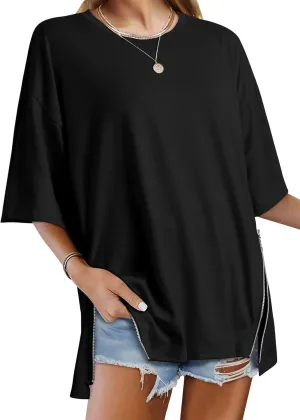 WLLW Women Oversized T Shirt Short Sleeve Crewneck Loose Tops Casual Basic Tee Tops Side Slit Zipper