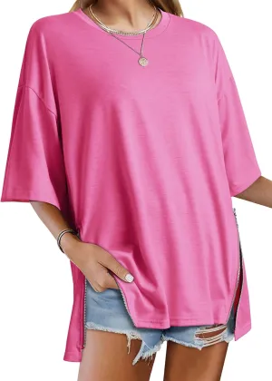 WLLW Women Oversized T Shirt Short Sleeve Crewneck Loose Tops Casual Basic Tee Tops Side Slit Zipper
