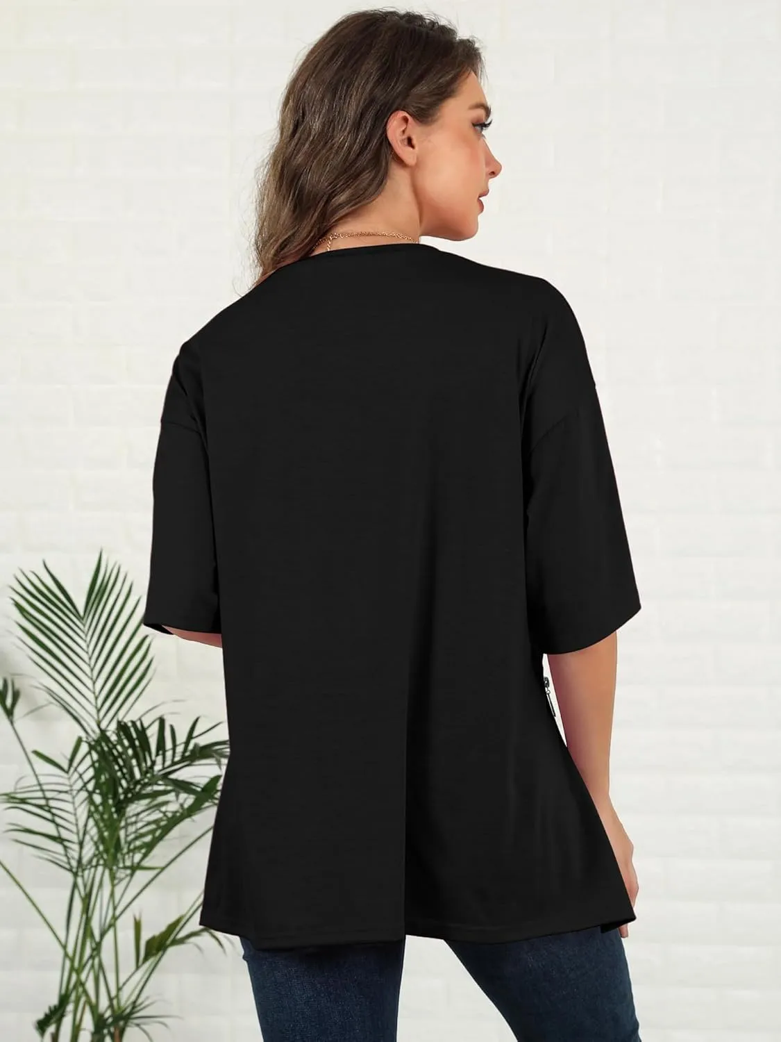 WLLW Women Oversized T Shirt Short Sleeve Crewneck Loose Tops Casual Basic Tee Tops Side Slit Zipper
