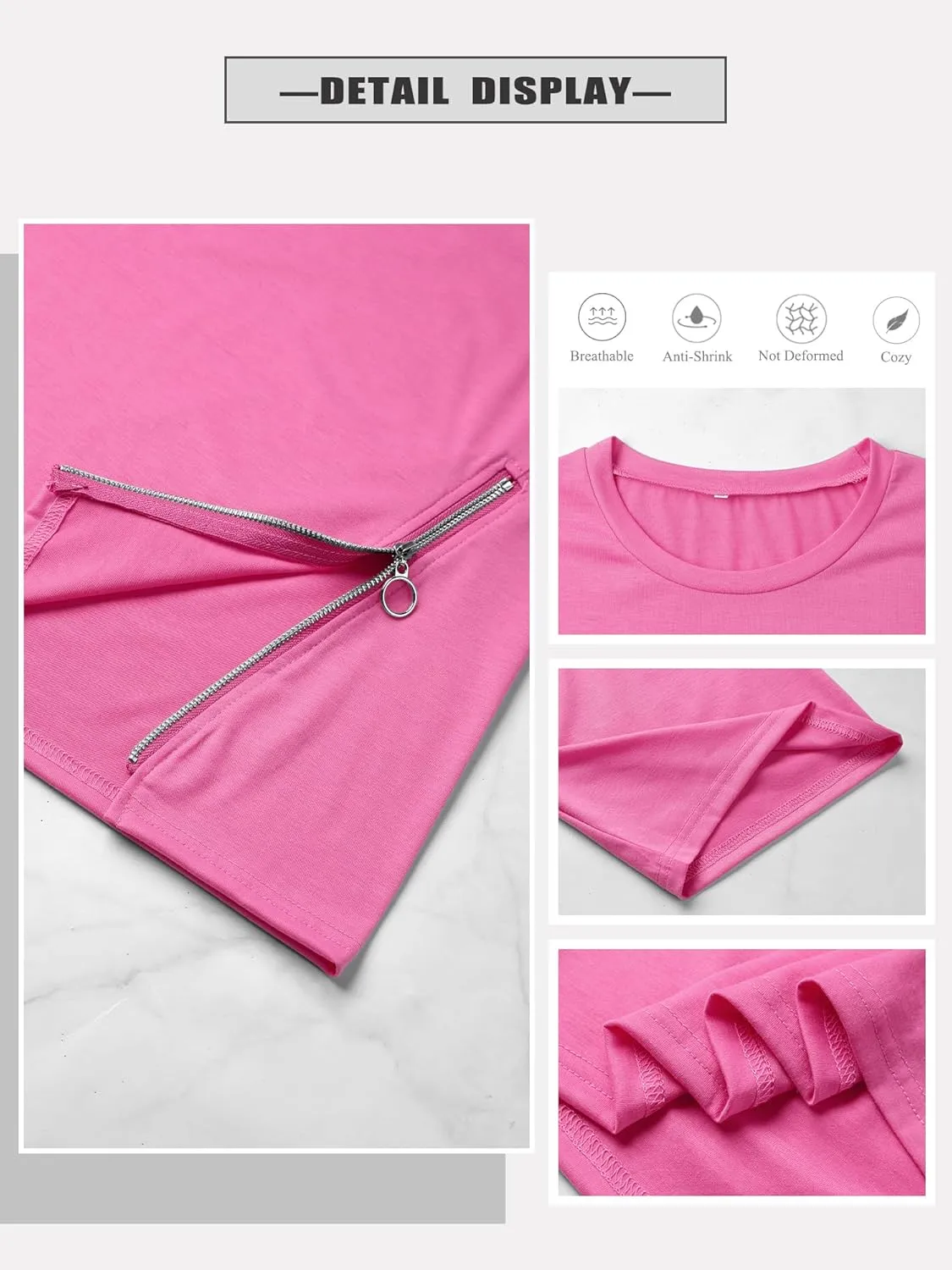 WLLW Women Oversized T Shirt Short Sleeve Crewneck Loose Tops Casual Basic Tee Tops Side Slit Zipper