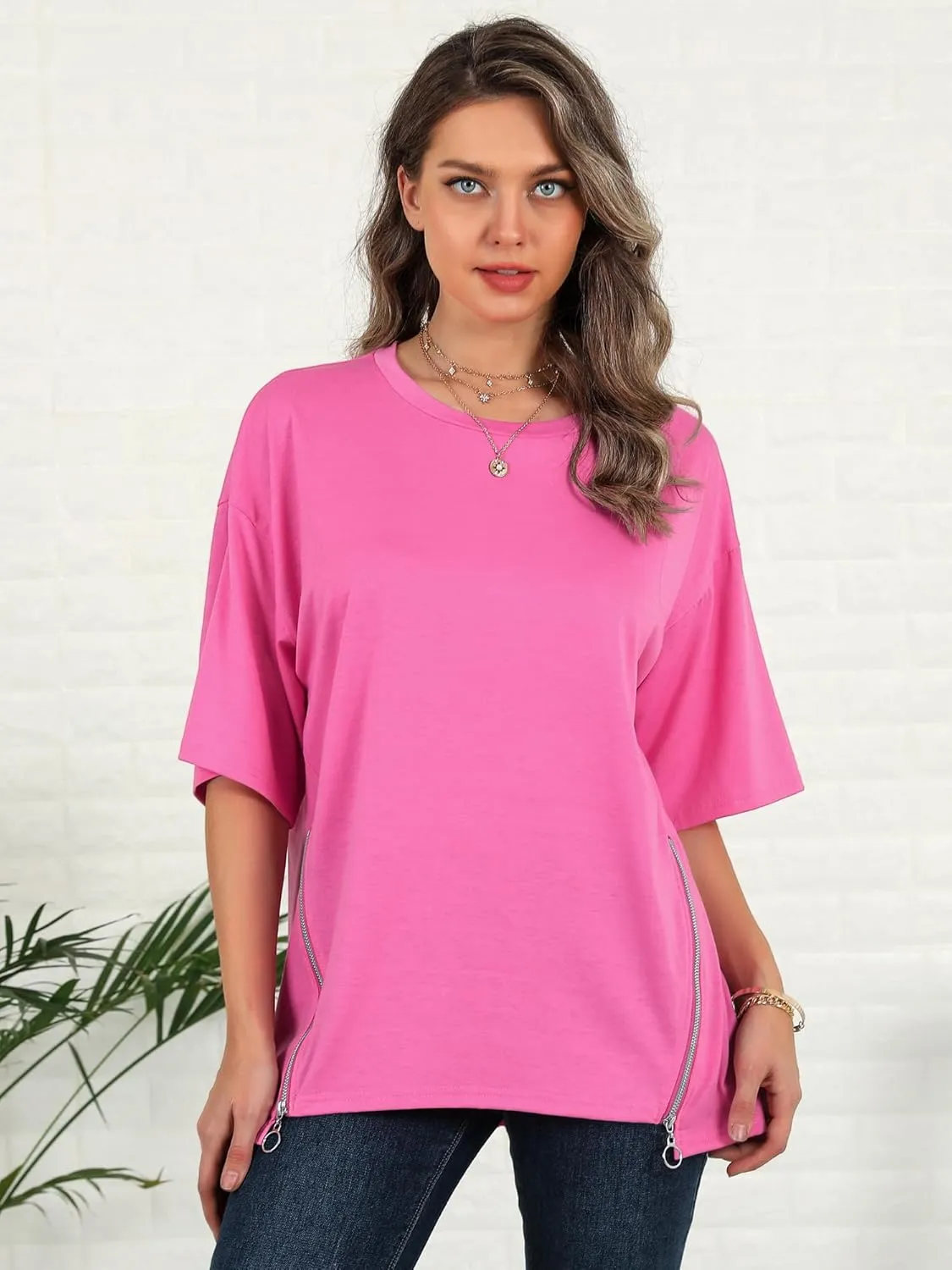 WLLW Women Oversized T Shirt Short Sleeve Crewneck Loose Tops Casual Basic Tee Tops Side Slit Zipper