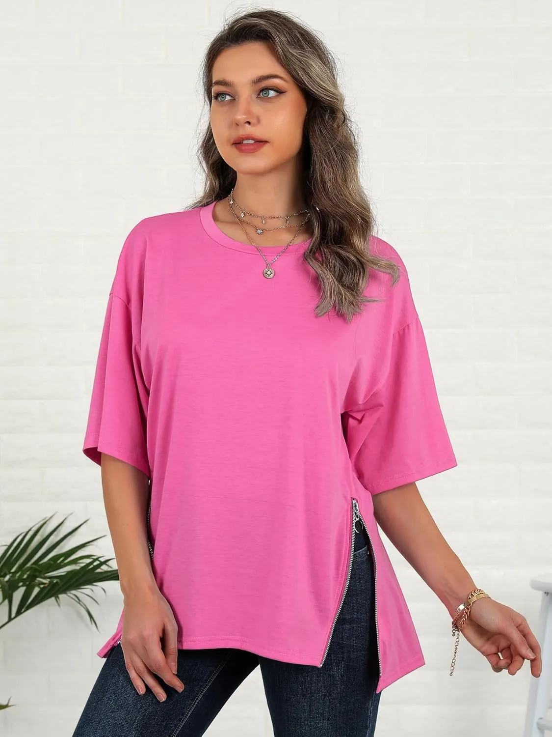 WLLW Women Oversized T Shirt Short Sleeve Crewneck Loose Tops Casual Basic Tee Tops Side Slit Zipper