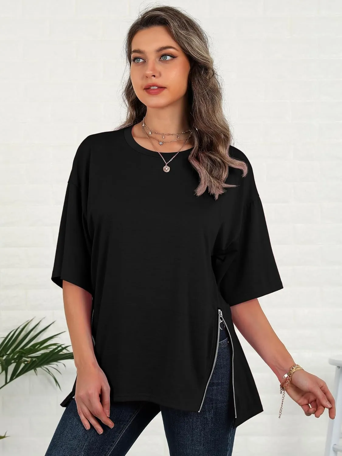 WLLW Women Oversized T Shirt Short Sleeve Crewneck Loose Tops Casual Basic Tee Tops Side Slit Zipper