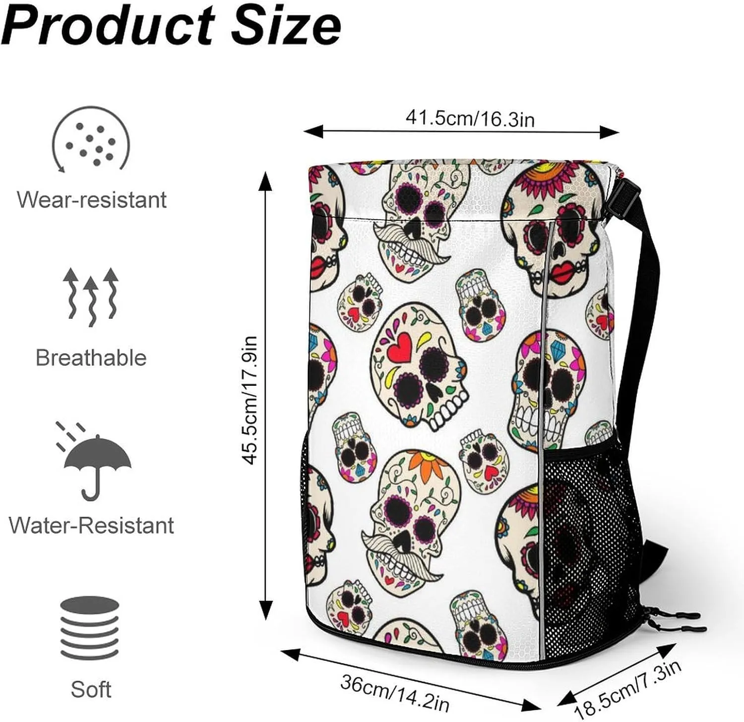 Women & Mens Beach Backpack Compatible with Mexican Sugar Skulls Design String Bag Backpack, Lightweight and Large Capacity Cinch Bag for Gym Shopping Sport Yoga Travel