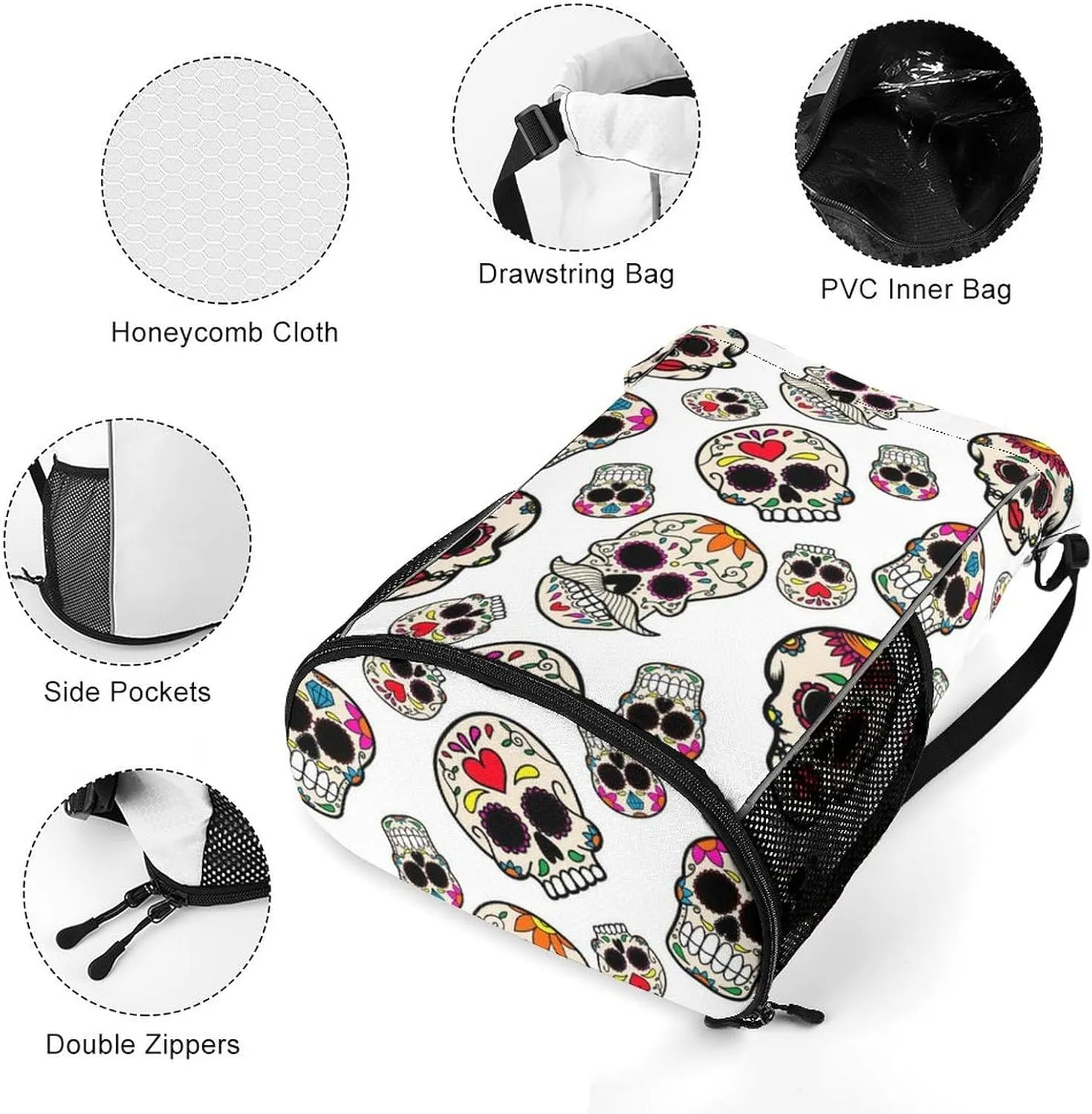 Women & Mens Beach Backpack Compatible with Mexican Sugar Skulls Design String Bag Backpack, Lightweight and Large Capacity Cinch Bag for Gym Shopping Sport Yoga Travel
