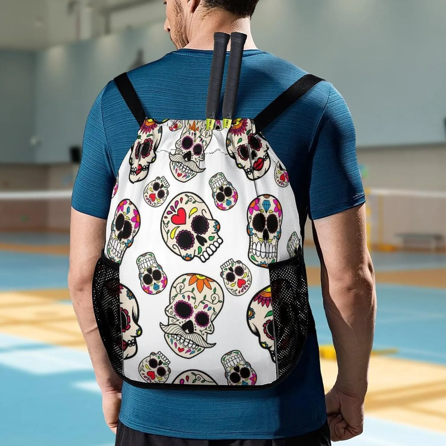 Women & Mens Beach Backpack Compatible with Mexican Sugar Skulls Design String Bag Backpack, Lightweight and Large Capacity Cinch Bag for Gym Shopping Sport Yoga Travel