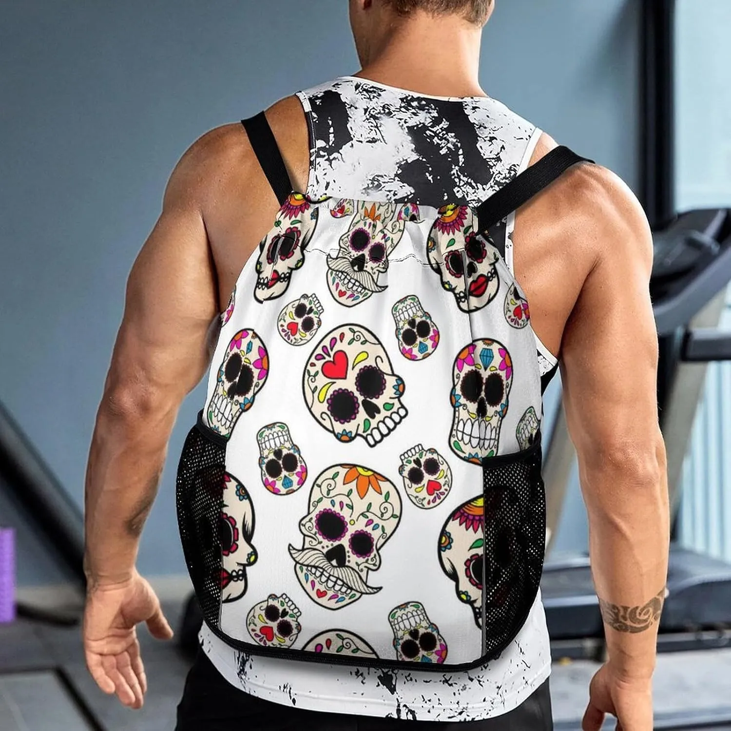 Women & Mens Beach Backpack Compatible with Mexican Sugar Skulls Design String Bag Backpack, Lightweight and Large Capacity Cinch Bag for Gym Shopping Sport Yoga Travel