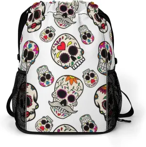 Women & Mens Beach Backpack Compatible with Mexican Sugar Skulls Design String Bag Backpack, Lightweight and Large Capacity Cinch Bag for Gym Shopping Sport Yoga Travel