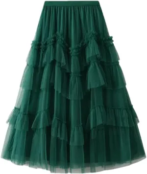Women Cake Skirts Ruffles Tiered A Line Tulle Long Skirts Casual Elastic Waist Mesh Party Skirt