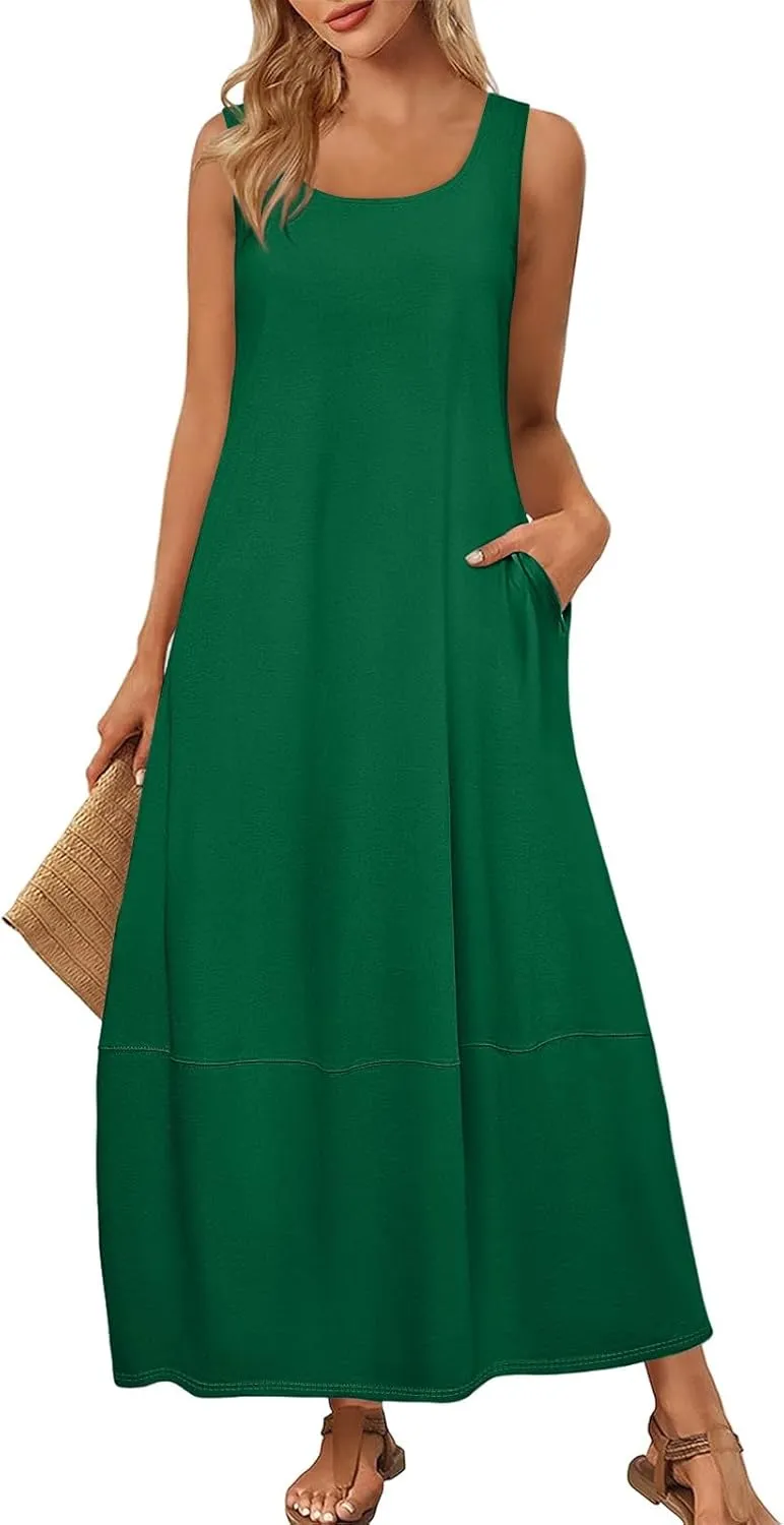Women Dresses Sleeveless Beach Vacation Maxi Dress Scoop Neck Casual Sundress Loose 2025 Summer Flowy Tank Dress