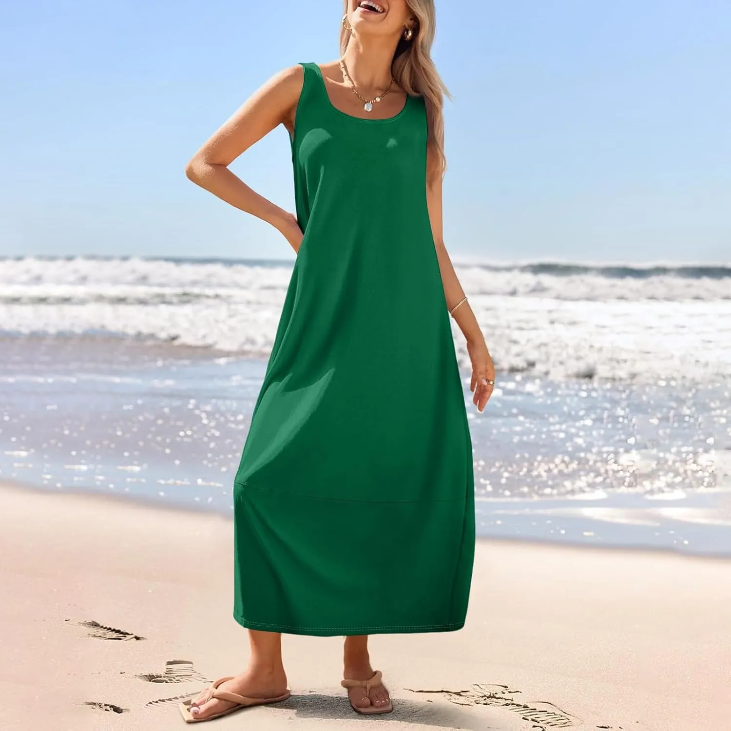 Women Dresses Sleeveless Beach Vacation Maxi Dress Scoop Neck Casual Sundress Loose 2025 Summer Flowy Tank Dress