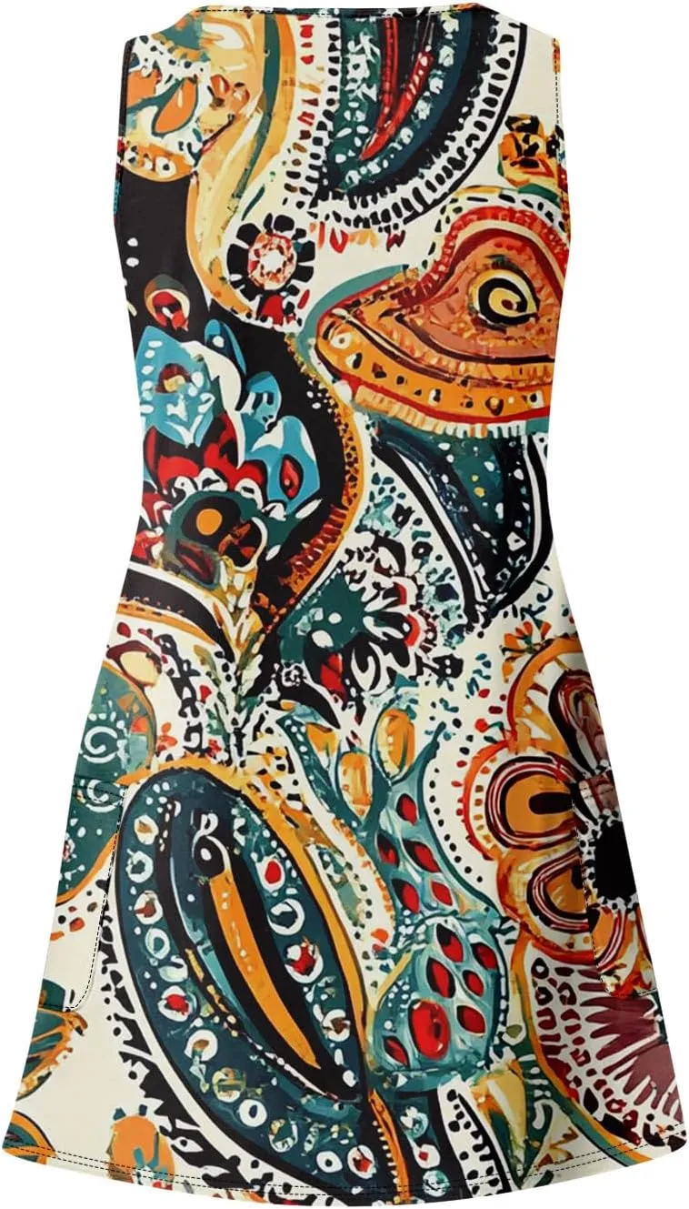 Women Summer Dresses Casual 2025 Sundress V Neck Sleeveless Dress with Pocket Beach Printed Swimsuit Coverup
