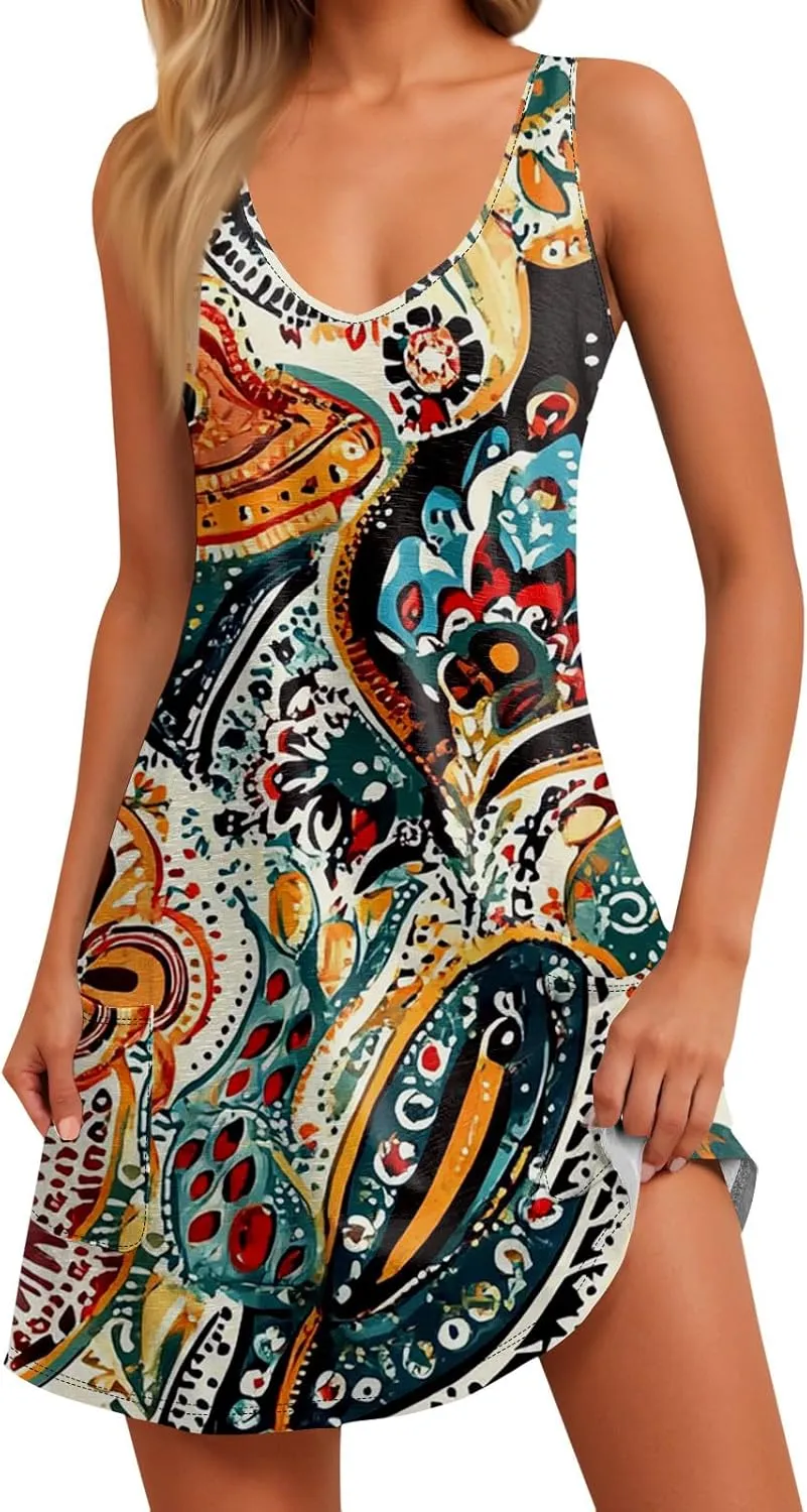 Women Summer Dresses Casual 2025 Sundress V Neck Sleeveless Dress with Pocket Beach Printed Swimsuit Coverup