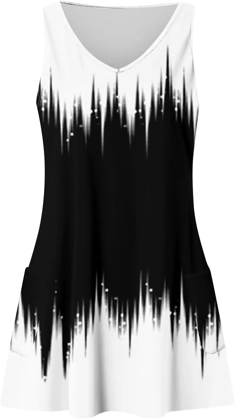 Women Summer Dresses Casual 2025 Sundress V Neck Sleeveless Dress with Pocket Beach Printed Swimsuit Coverup