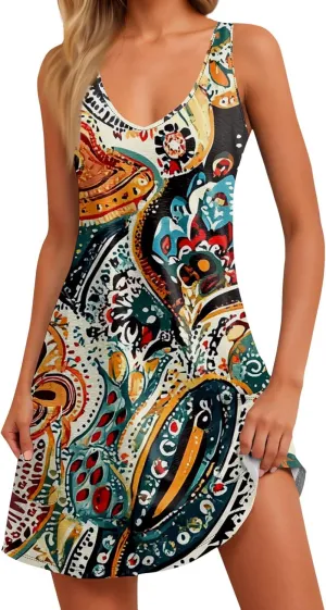 Women Summer Dresses Casual 2025 Sundress V Neck Sleeveless Dress with Pocket Beach Printed Swimsuit Coverup