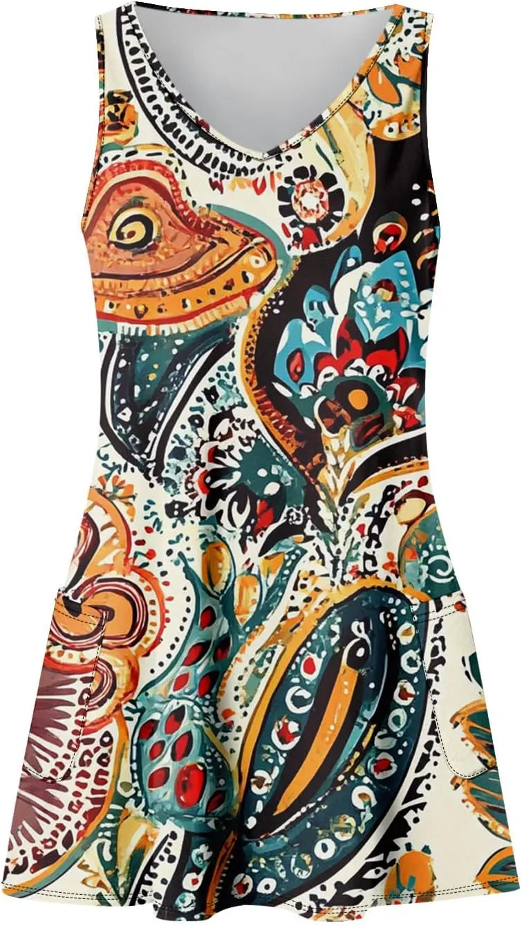 Women Summer Dresses Casual 2025 Sundress V Neck Sleeveless Dress with Pocket Beach Printed Swimsuit Coverup