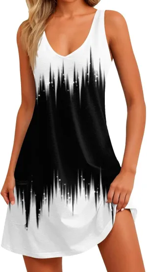 Women Summer Dresses Casual 2025 Sundress V Neck Sleeveless Dress with Pocket Beach Printed Swimsuit Coverup