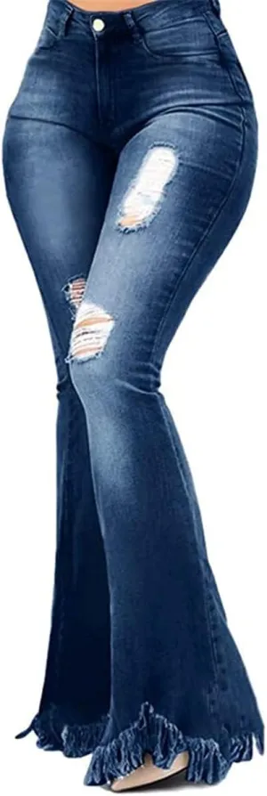 Women Vintage 90s High Waist Ripped Bell Bottom Jeans Plus Size Distressed Skinny Stretch Tassel Hem Flare Denim Pant