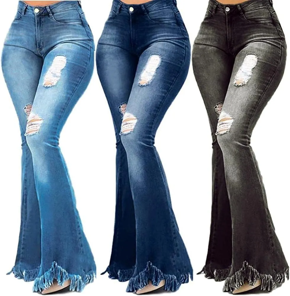 Women Vintage 90s High Waist Ripped Bell Bottom Jeans Plus Size Distressed Skinny Stretch Tassel Hem Flare Denim Pant