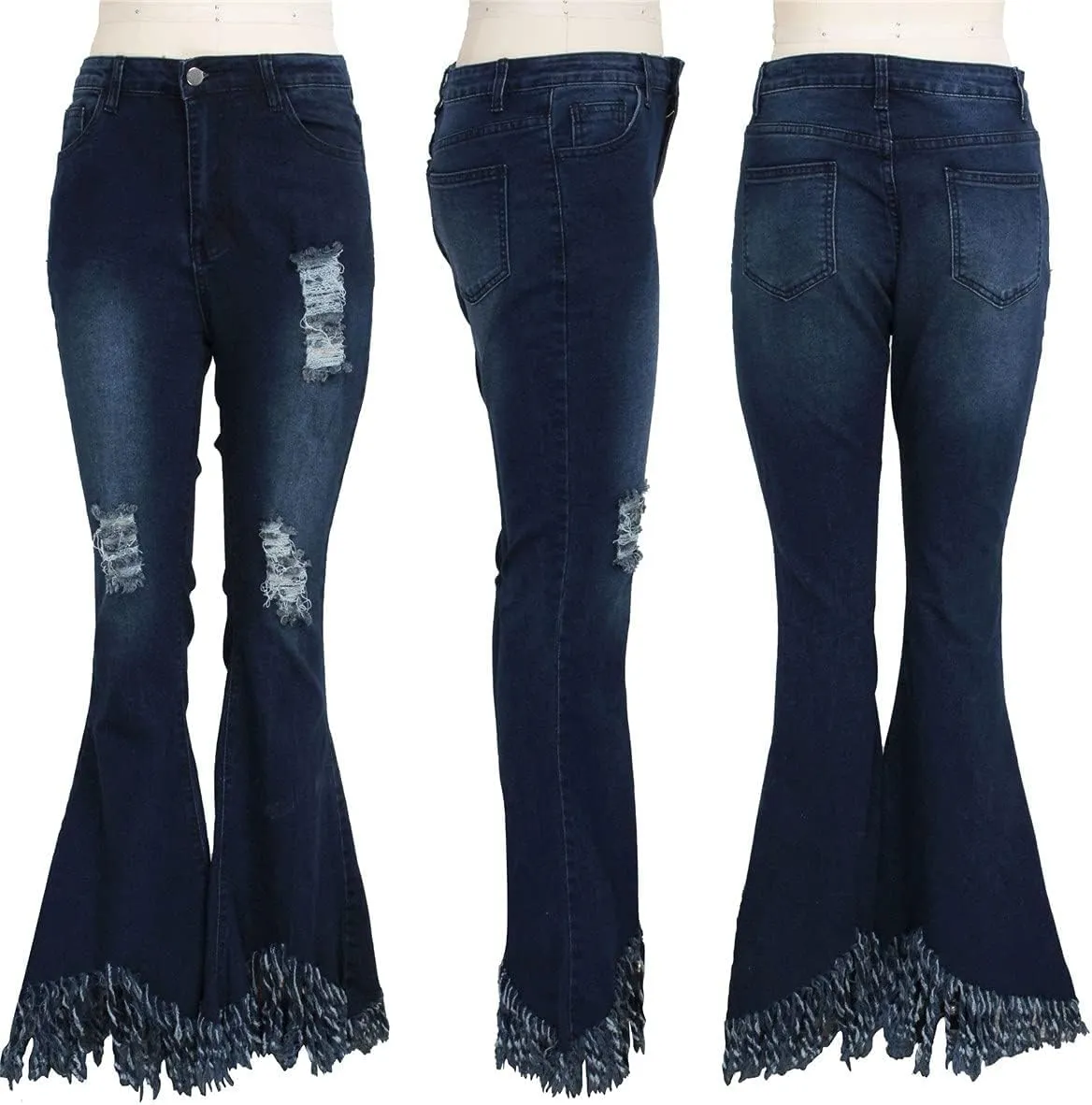 Women Vintage 90s High Waist Ripped Bell Bottom Jeans Plus Size Distressed Skinny Stretch Tassel Hem Flare Denim Pant