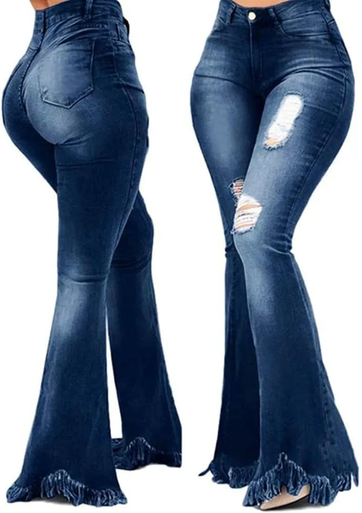 Women Vintage 90s High Waist Ripped Bell Bottom Jeans Plus Size Distressed Skinny Stretch Tassel Hem Flare Denim Pant