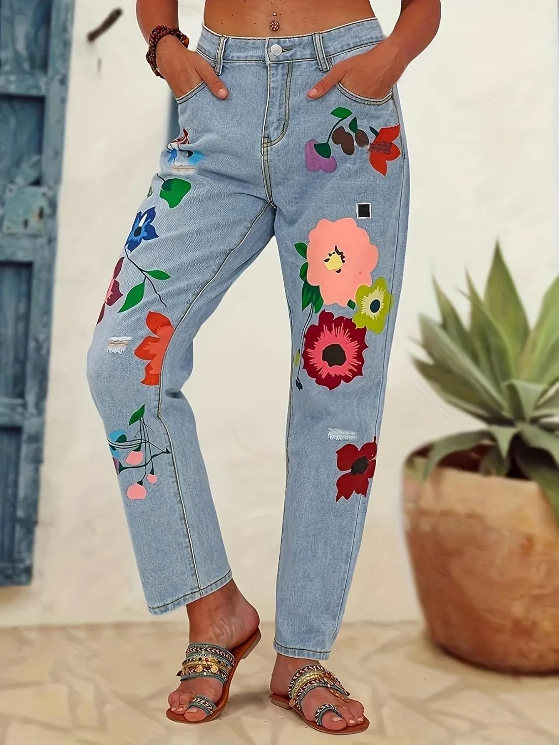 Women Vintage Floral Print High Waist Distressed Straight Leg Jean Loose Baggy Boyfriend Ripped Flower Denim Pant