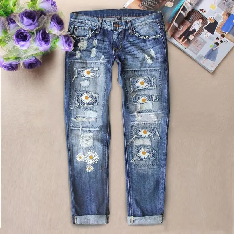 Women Vintage Floral Print High Waist Distressed Straight Leg Jean Loose Baggy Boyfriend Ripped Flower Denim Pant