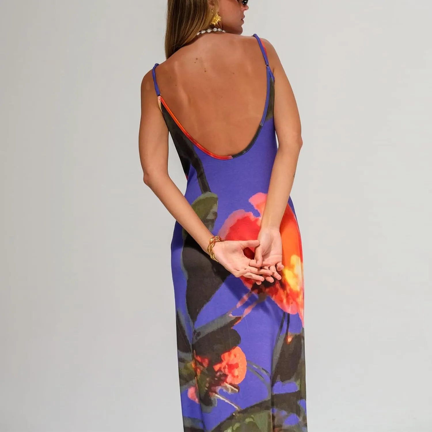 Women Vintage Spaghetti Strap Maxi Dress Y2k Floral Sleeveless Backless Bodycon Long Dress Slim Going Out Beach Dress