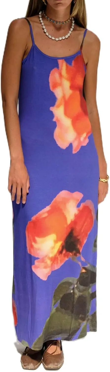 Women Vintage Spaghetti Strap Maxi Dress Y2k Floral Sleeveless Backless Bodycon Long Dress Slim Going Out Beach Dress