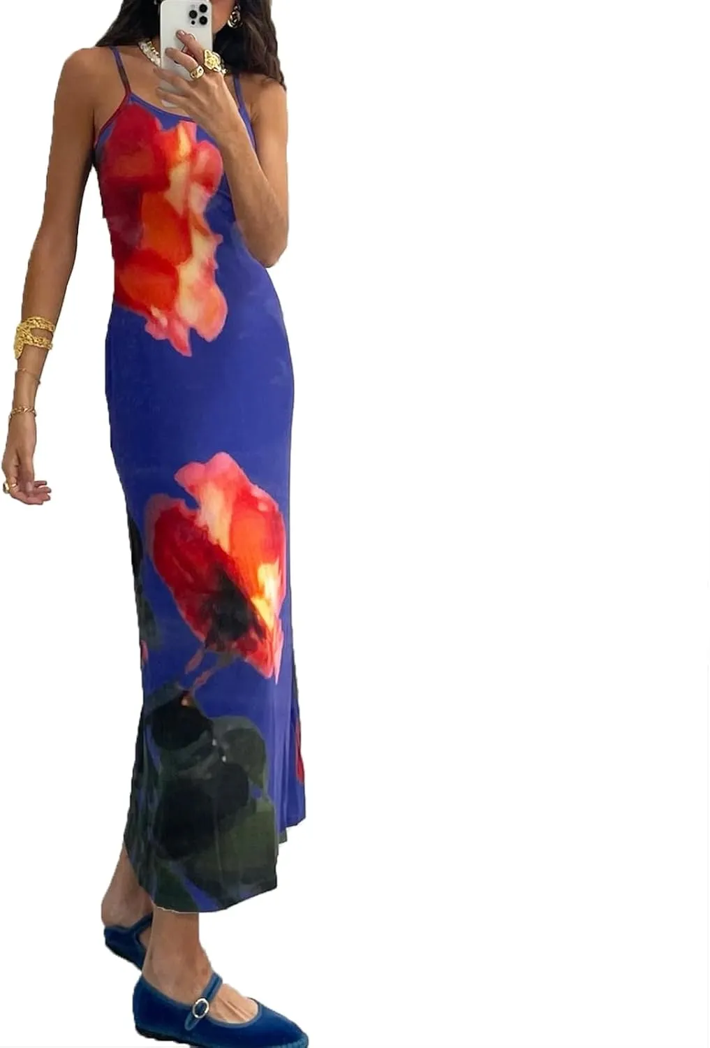 Women Vintage Spaghetti Strap Maxi Dress Y2k Floral Sleeveless Backless Bodycon Long Dress Slim Going Out Beach Dress