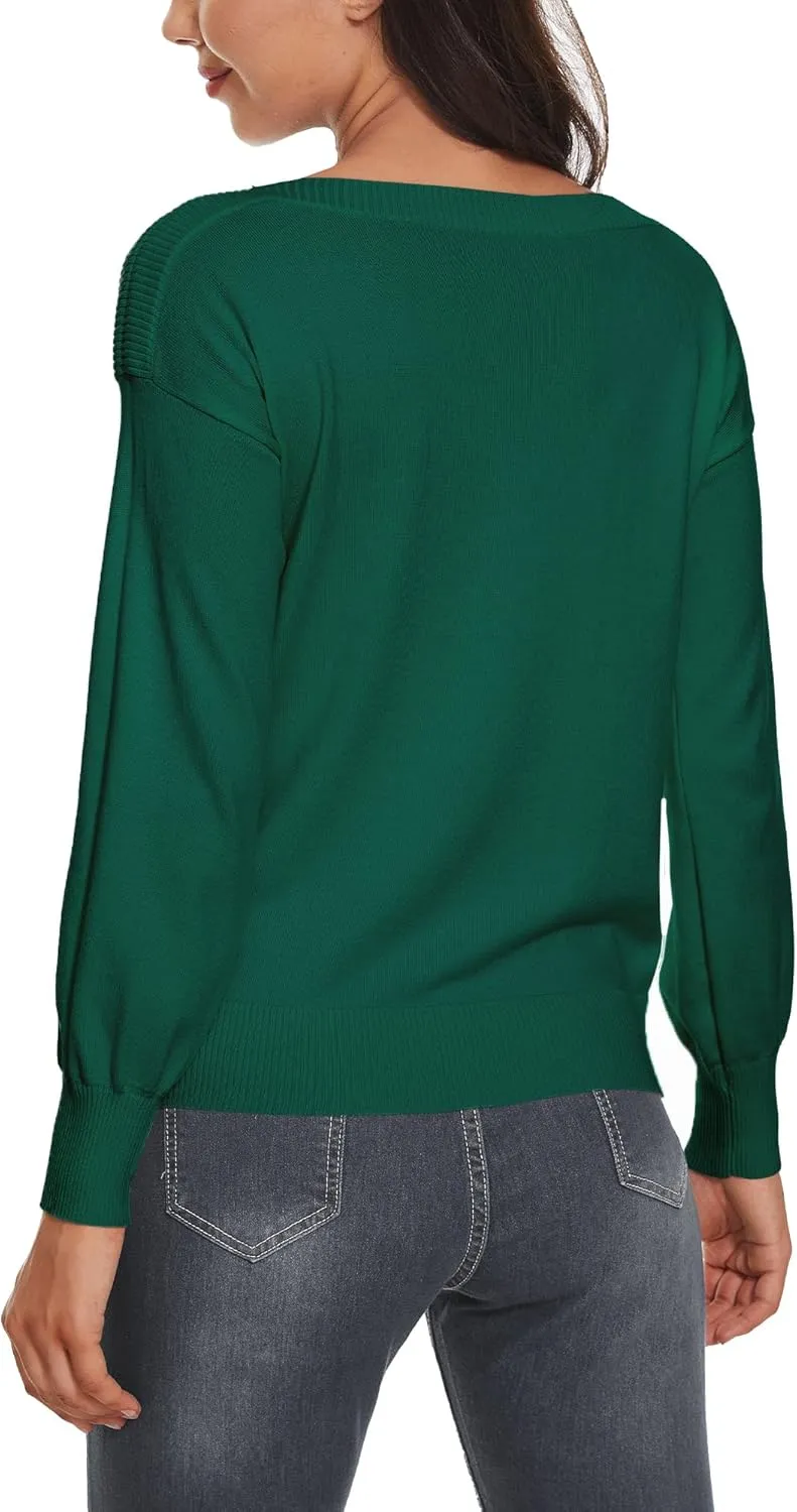 Women's Boat Neck Long Sleeve Sweaters Casual Lightweight Knit Pullover Tops Fall Winter Trendy