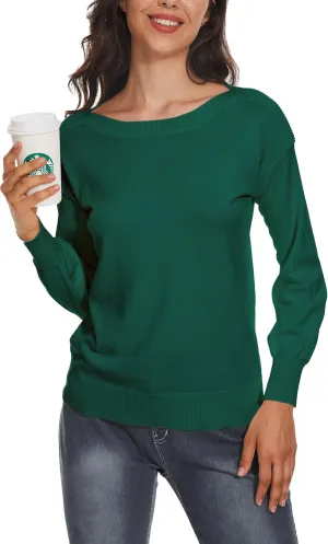 Women's Boat Neck Long Sleeve Sweaters Casual Lightweight Knit Pullover Tops Fall Winter Trendy