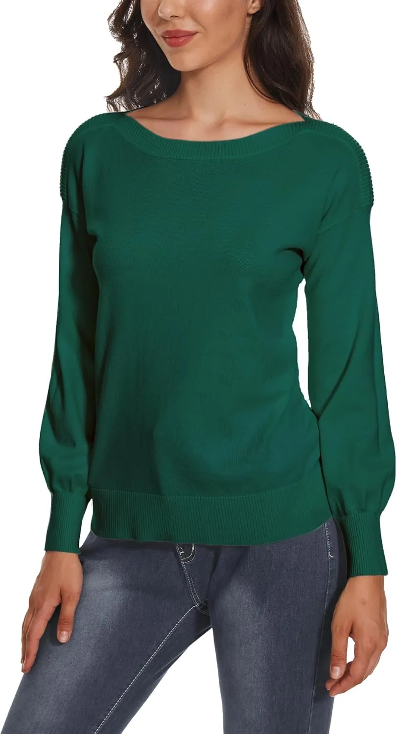 Women's Boat Neck Long Sleeve Sweaters Casual Lightweight Knit Pullover Tops Fall Winter Trendy