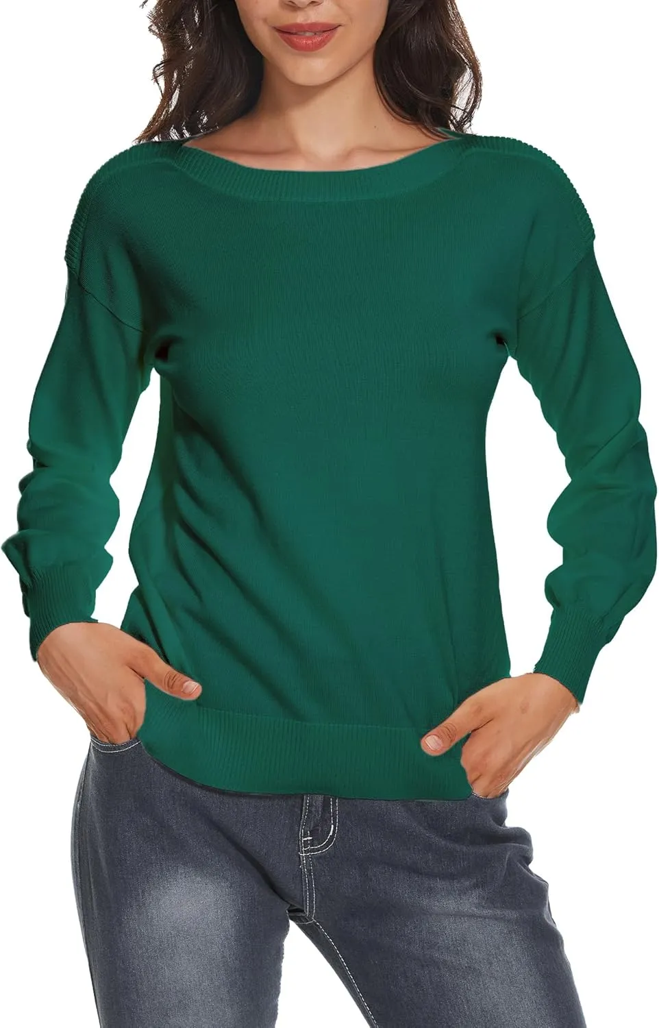 Women's Boat Neck Long Sleeve Sweaters Casual Lightweight Knit Pullover Tops Fall Winter Trendy