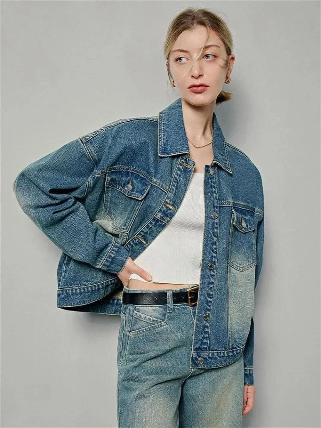 Women's Denim Outerwears Retro Loose American Long Sleeved Jacket Top