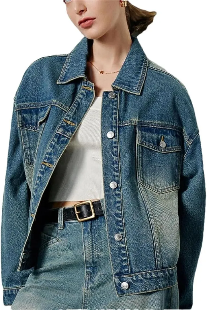 Women's Denim Outerwears Retro Loose American Long Sleeved Jacket Top
