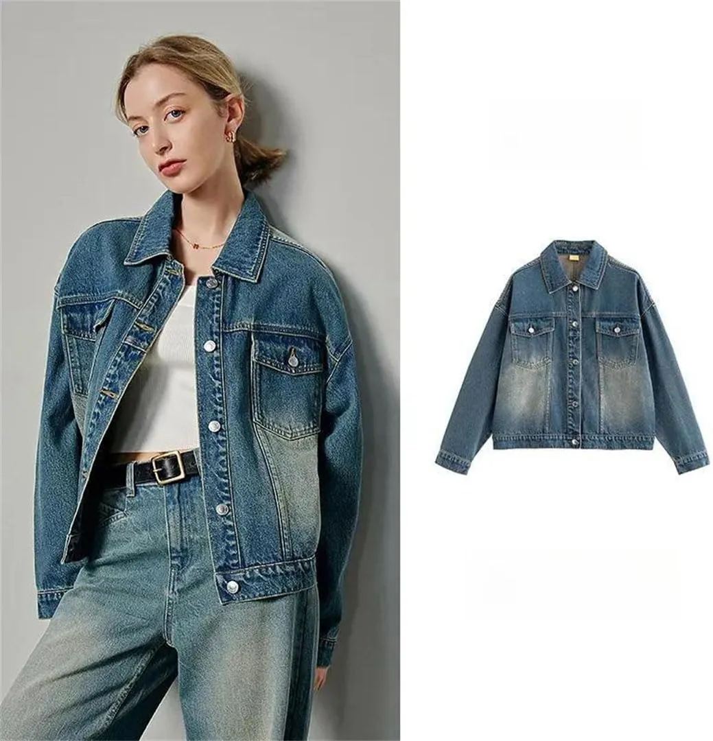 Women's Denim Outerwears Retro Loose American Long Sleeved Jacket Top